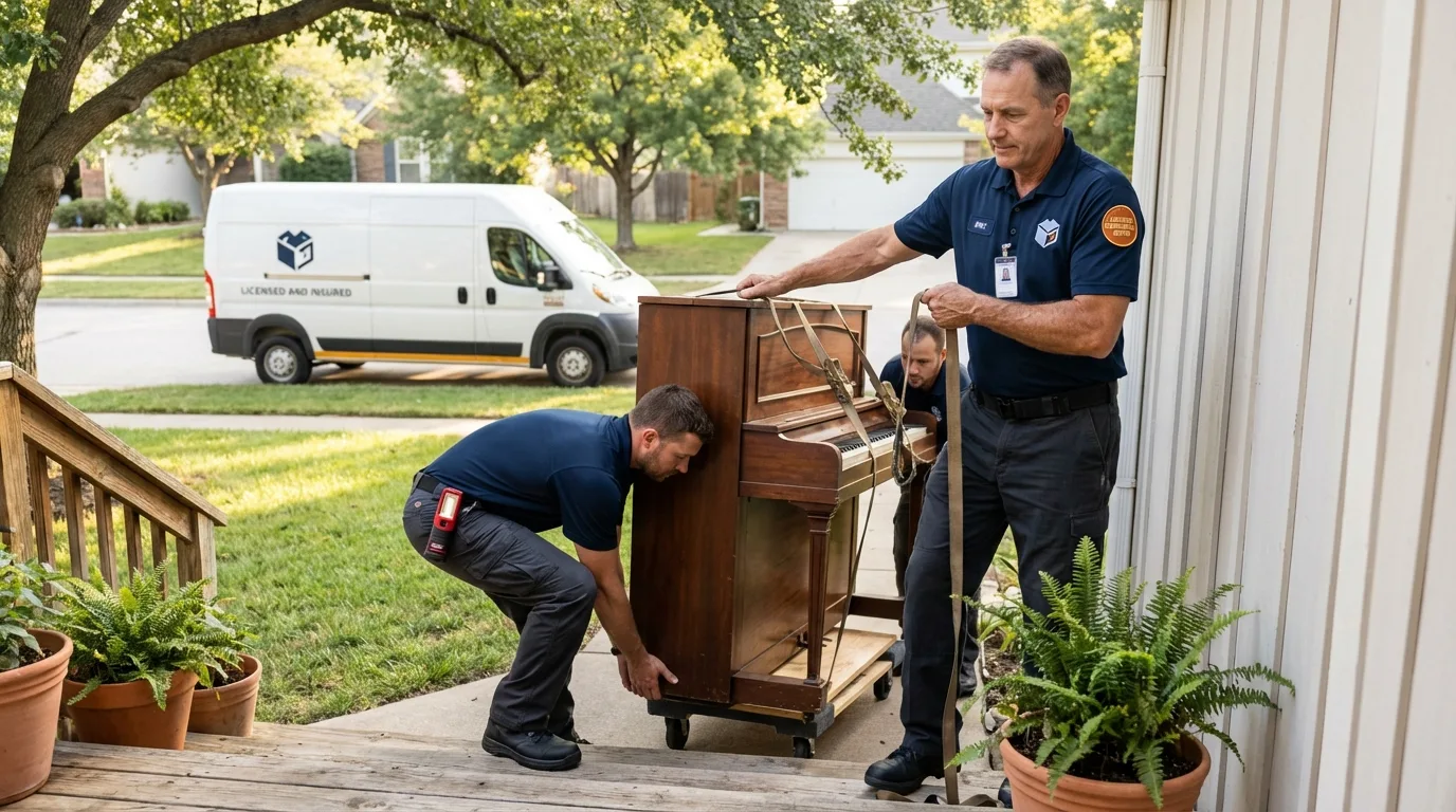 Licensed piano movers securing grand piano in Lenoir City, TN