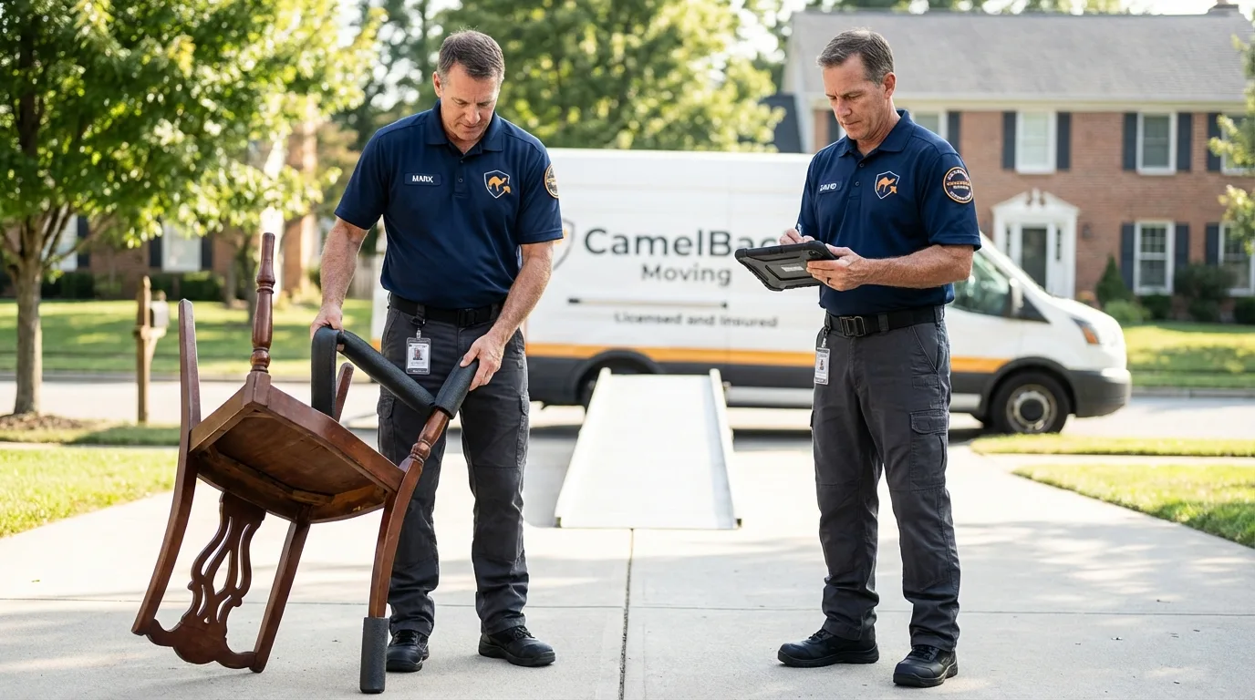Movers inspecting furniture for damage prevention before loading in Lenoir City, TN