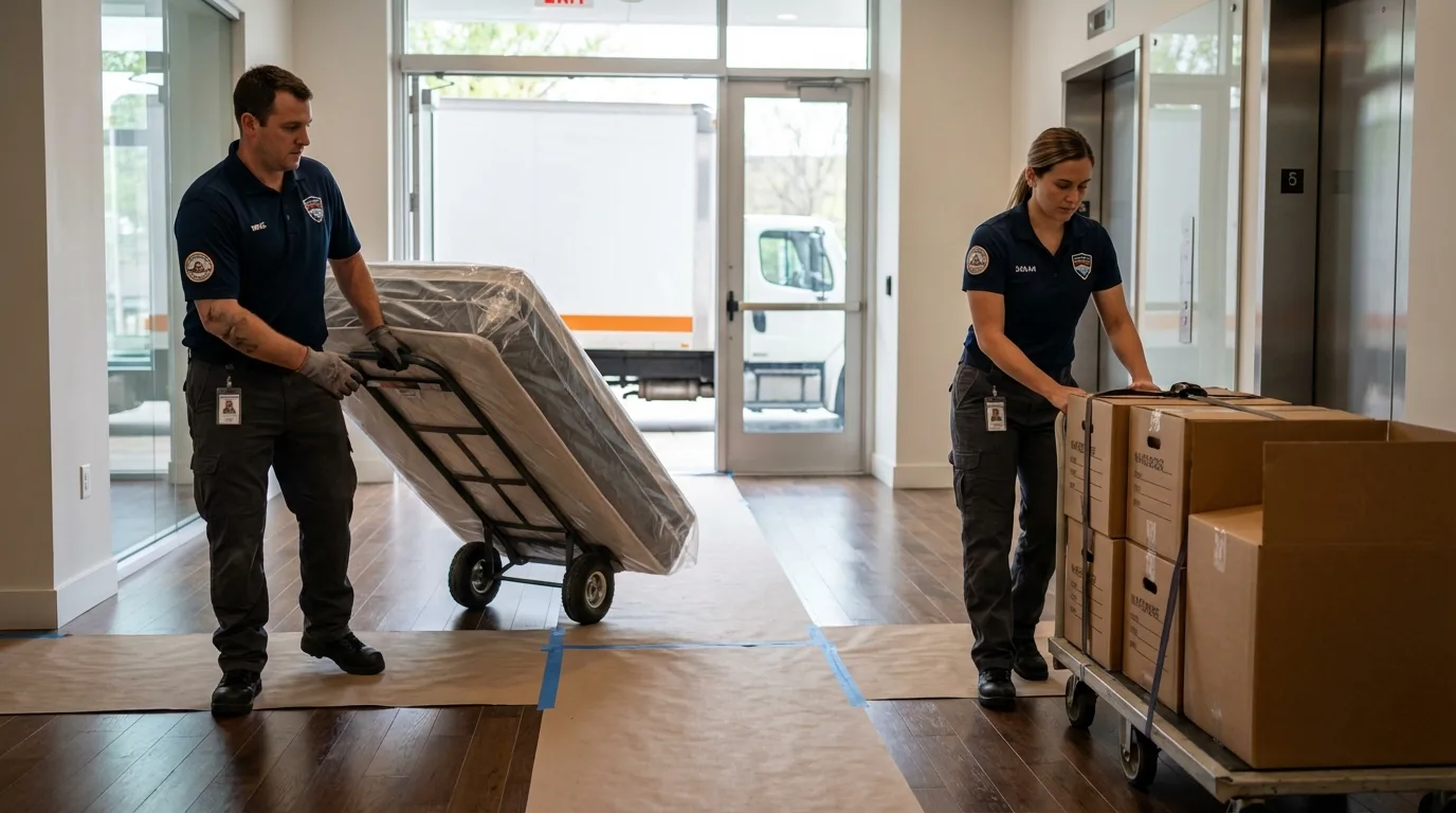Professional apartment movers loading elevator in Lenoir City, TN