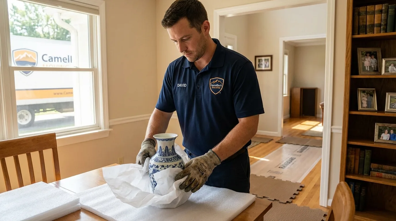 Professional crew carefully wrapping antique vase for senior downsizing move in Lenoir City, TN